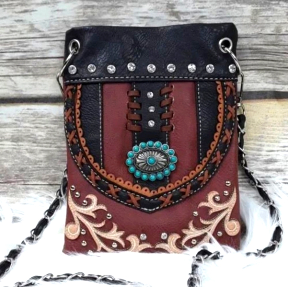 Embroidered Crossbody Bag with Turquoise Accent